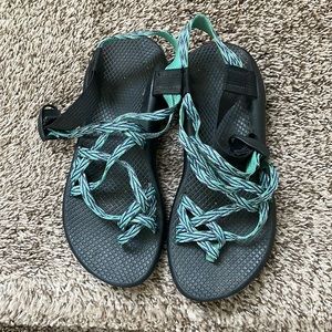 WORN. Blue/ green Chaco sandals. Size 8.